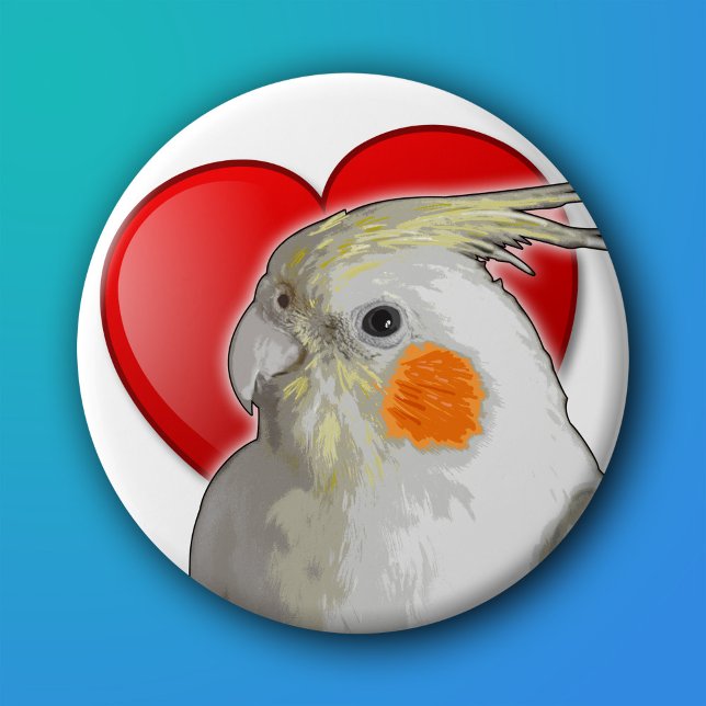 Cockatiel Swehoney Pet Bird Kärlek Valentine Heart Knapp (Cute cockatiel pinback button with red heart for parrot owner, love my pet bird with orange cheeks! )