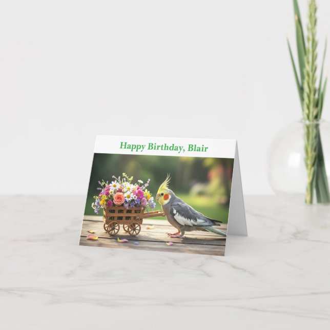 Cockatiel with Flowers Custom name & text birthday Kort (Framsida)