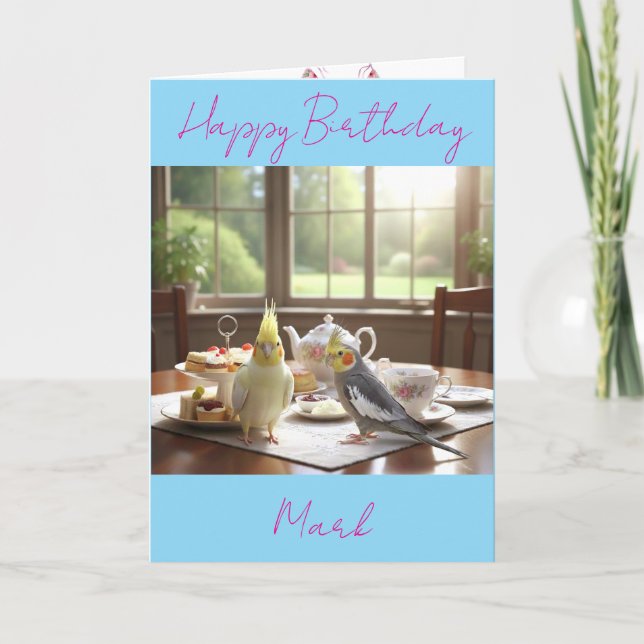 Cockatiels Afternoon Tea Custom Name Text Birhtday Kort (Framsida)