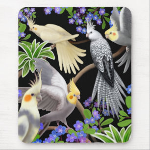 Cockatiels and Flowers Mousepad Musmatta