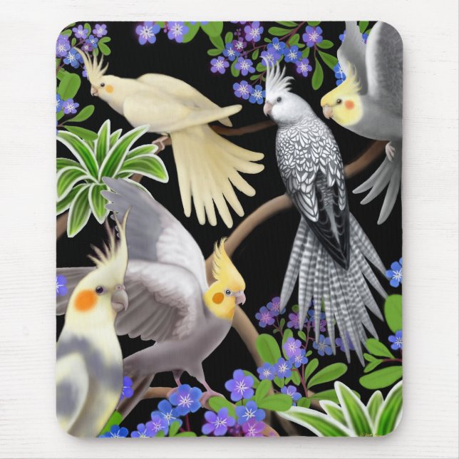 Cockatiels and Flowers Mousepad Musmatta (Framsidan)