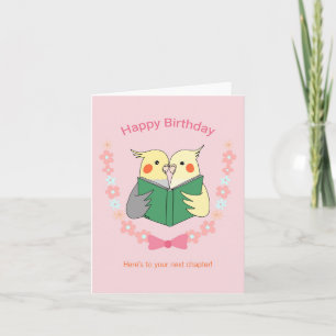 Cockatiels läser en bok Cute Birdie-födelsedag Kort