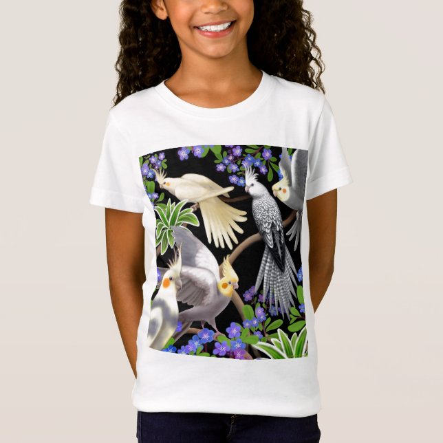 Cockatiels och blommaflickor behandla som ett barn t-shirt (Framsida)