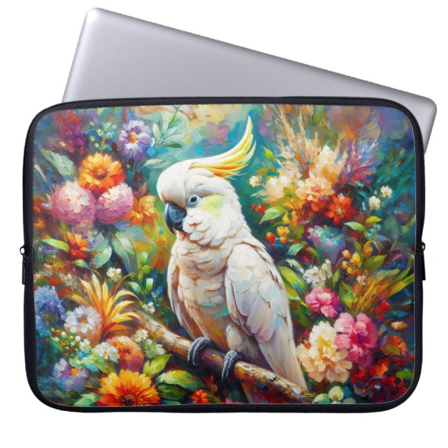 Cockatoo med färgade blommor laptop fodral (Framsidan)