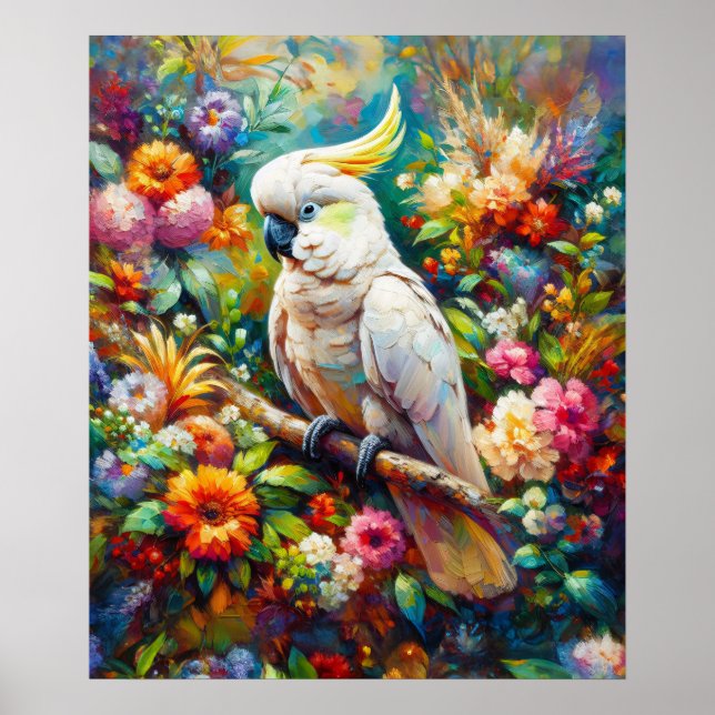 Cockatoo med färgade blommor poster (Framsidan)