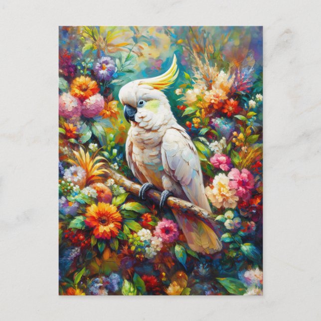 Cockatoo med färgade blommor vykort (Framsida)