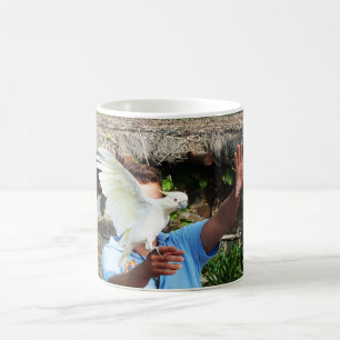 Cockatoo som visar vinge kaffemugg