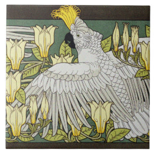 Cockatoos, Magnolia och White Mice Art nouveau Kakelplatta