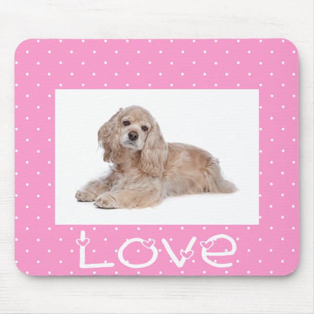Cocker Puppy Kärlek Rosa Polka Dot Mousepad Musmatta (Framsidan)