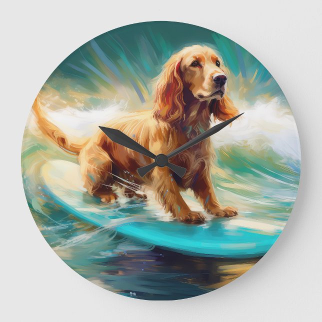 Cocker Spain Beach Surfing Painting Stor Klocka (Framsida)