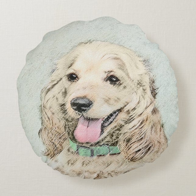 Cocker Spain Buff Painting - Original Hund Art Rund Kudde (Baksidan)