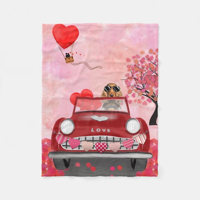 Cocker Spain Driving Car med Hearts Valentine's Fleecefilt (Framsidan)