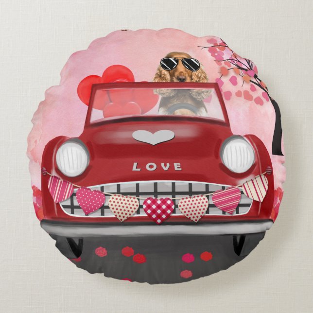 Cocker Spain Driving Car med Hearts Valentine's Rund Kudde (Framsidan)