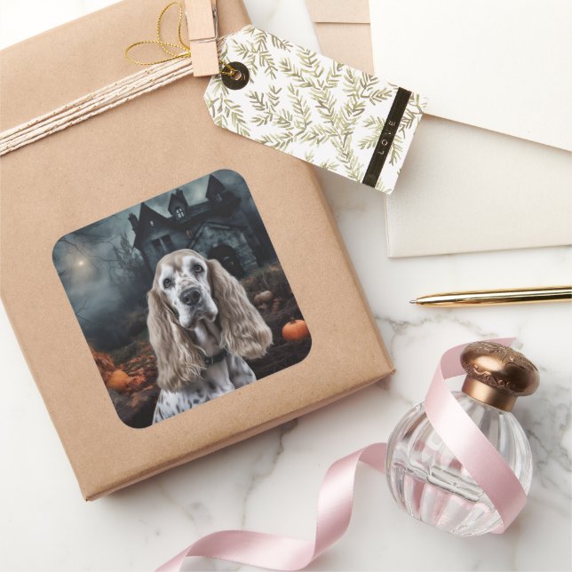 Cocker Spain Halloween Scary Fyrkantigt Klistermärke (Gifting)