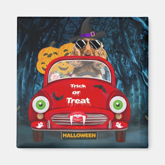 Cocker Spain Hund Driving Car Scary Halloween Magnet (Framsidan)