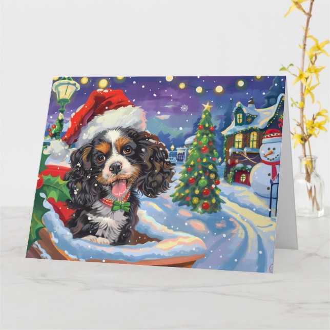 Cocker Spain Hund i Sleigh Snö jul Kort (Gul blomma)
