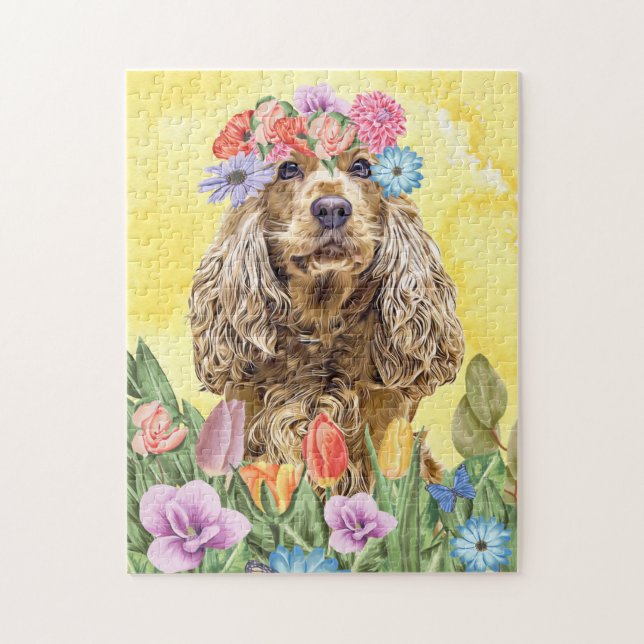 Cocker Spain Hund med Flowers Vår Pussel (Vertikal)