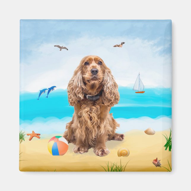 Cocker Spain Hund on Beach Magnet (Framsidan)