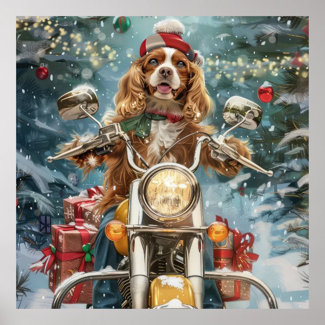 Cocker Spain Hund Riding Motorcle jul Poster (Framsidan)