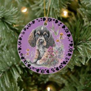 Cocker Spain Hund Tass Hearts Pet Photo Lavender Julgransprydnad Keramik