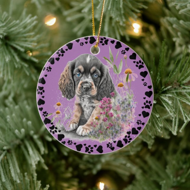 Cocker Spain Hund Tass Hearts Pet Photo Lavender Julgransprydnad Keramik (Träd)