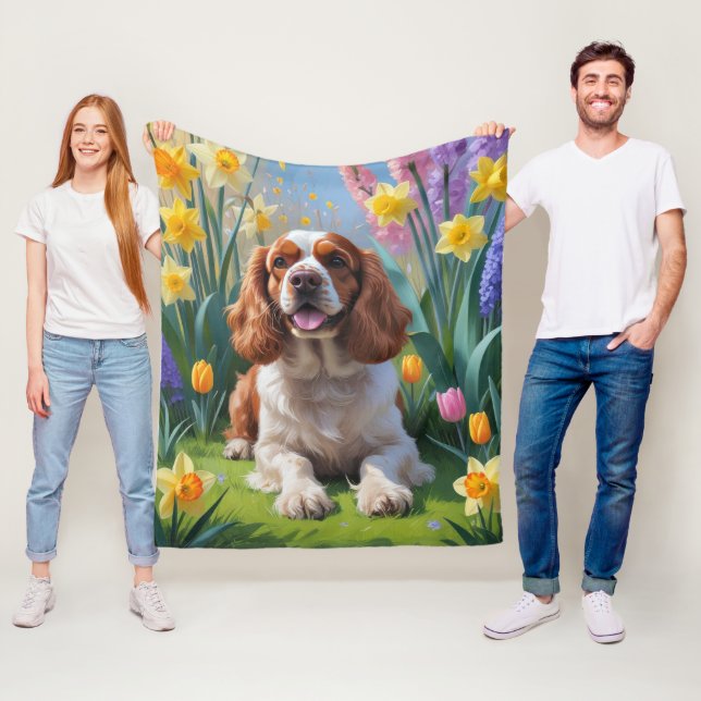 Cocker Spain Hund Vår blommor Painting Fleecefilt (På plats)