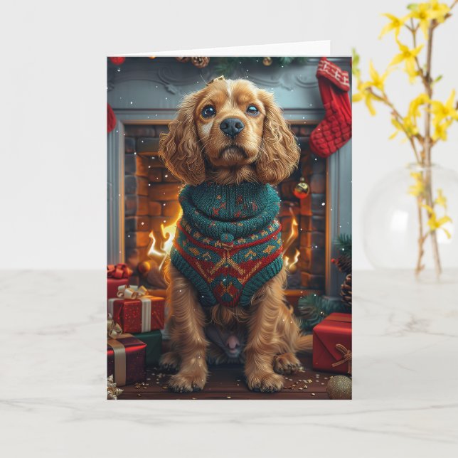 Cocker Spain Hund with jul Gifts Fireplace Kort (Gul blomma)