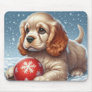 Cocker Spain Puppy Resty på Snö med Boll Musmatta