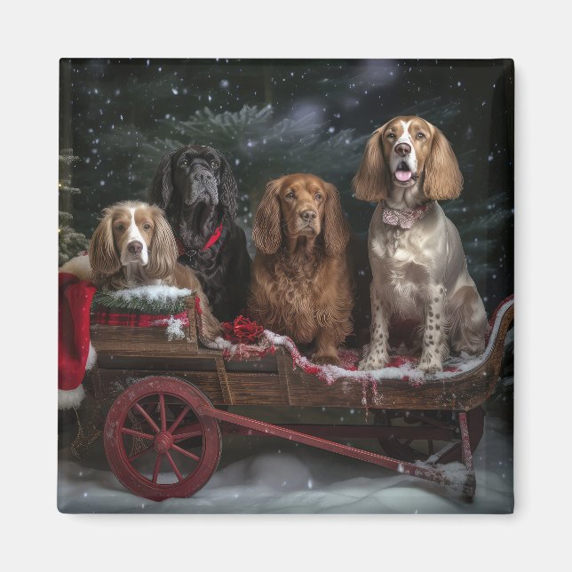 Cocker Spain Snowy Sleigh juldeeller Magnet (Framsidan)