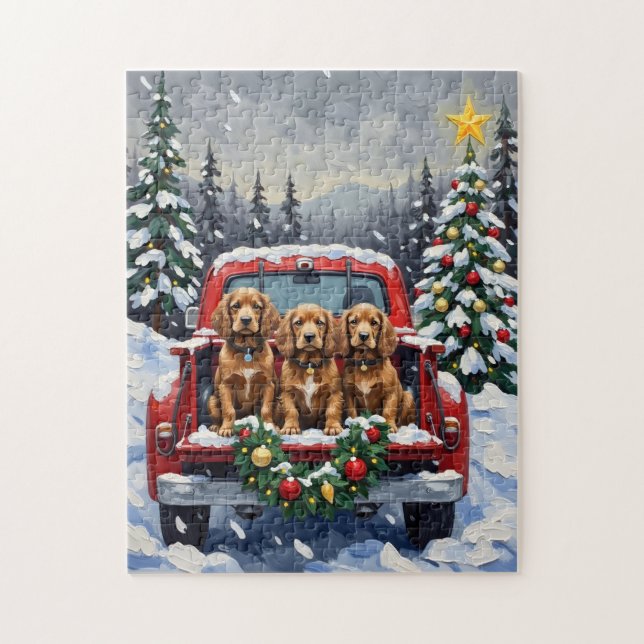 Cocker Spaniel Christmas Red Truck Holiday Pussel (Vertikal)
