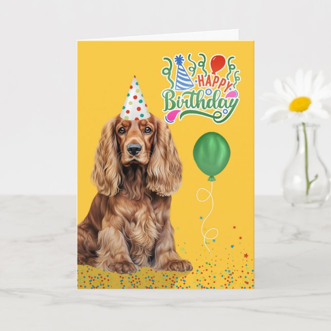 Cocker Spaniel Dog Party Hat Yellow Birthday Kort (Liten växt)