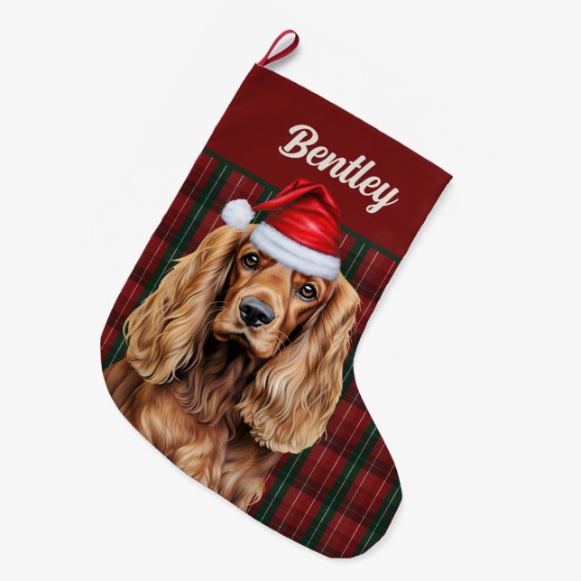 Cocker Spaniel Green and Red Plaid with Dog's Name Stor Julstrumpa (Framsidan (Hängande))
