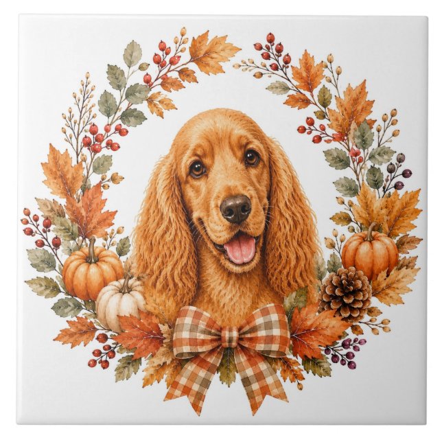 Cocker Spaniel Höstkrans Kakelplatta (Framsidan)