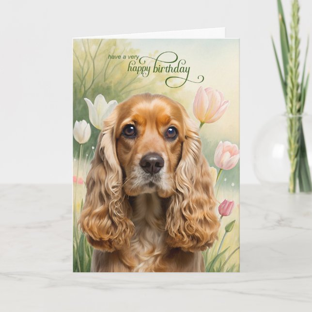 Cocker Spaniel Hund i en Tulpan Trädgård Födelseda Kort (Framsida)