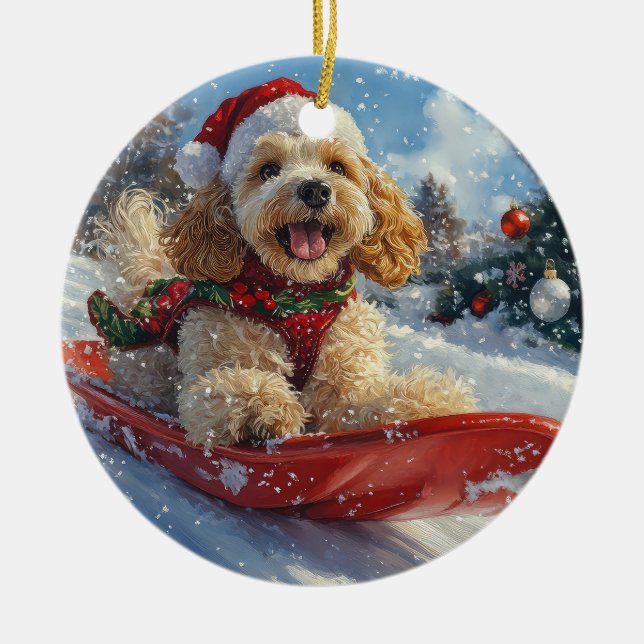 Cocker Spaniel Hund i Släde Låt det Snöa Jul Julgransprydnad Keramik (Framsidan)