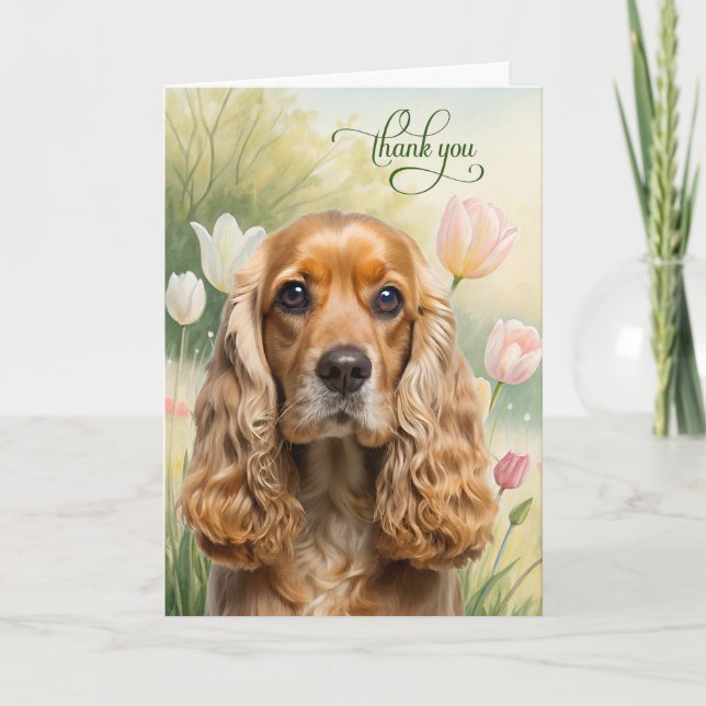 Cocker Spaniel Hund i Tulpan Trädgård Tack Kort (Framsida)