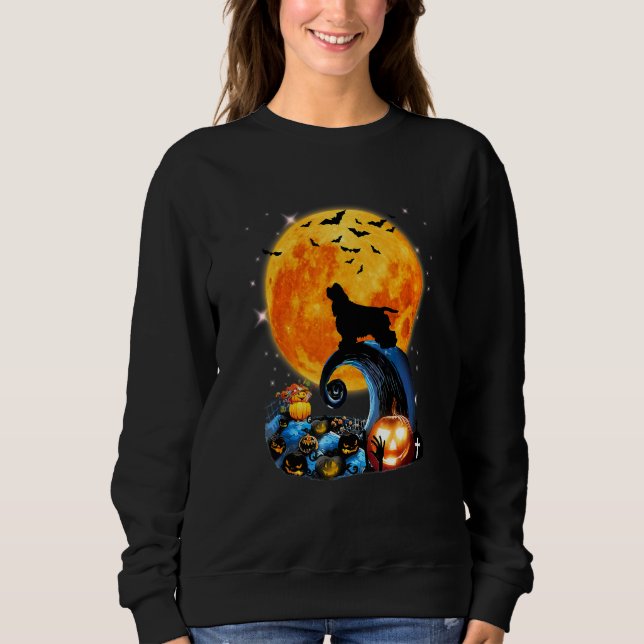 Cocker Spaniel Hund Måne Klippa Pumpa Halloween T Shirt (Framsida)