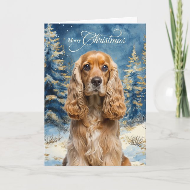 Cocker Spaniel Hund och blå vinter tallskog Helgkort (Framsida)