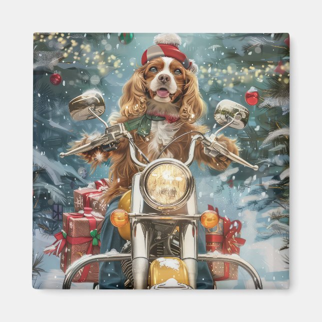 Cocker Spaniel Hund Ridning Motorcykel Jul  Magnet (Framsidan)