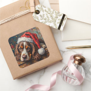 Cocker Spaniel Hund Vintage jul leksaks låda Fyrkantigt Klistermärke