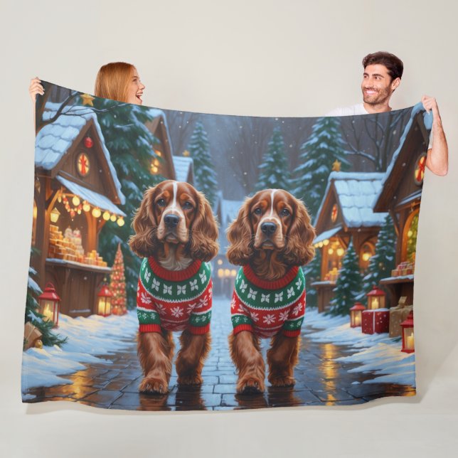 Cocker Spaniel Hundar Jul Snö Högtid Fleecefilt (På plats)