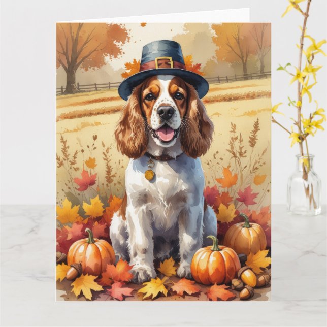 Cocker Spaniel i höstlöv tackgivandekonst Kort (Gul blomma)