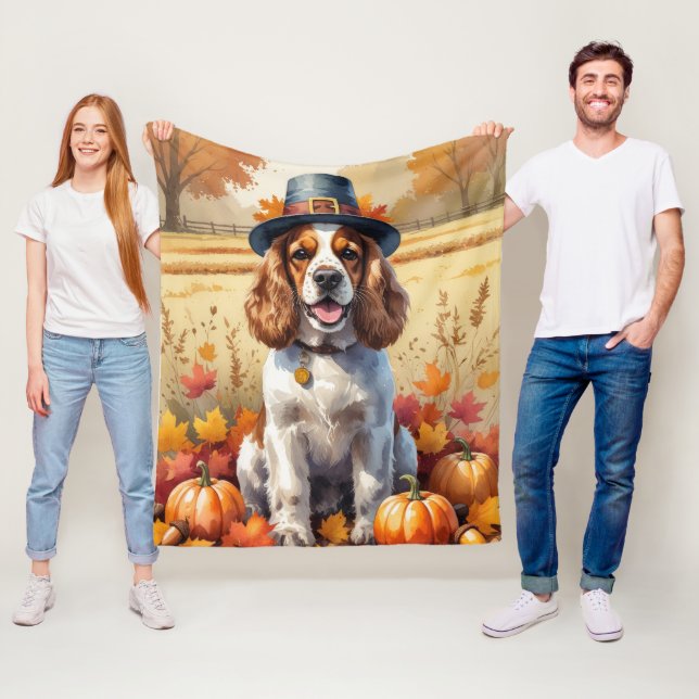 Cocker Spaniel i höstlöv Thanksgiving Konst Fleecefilt (På plats)