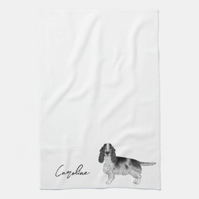 Cocker Spaniel i svart och vitt & anpassad text Kökshandduk (Vertikal)