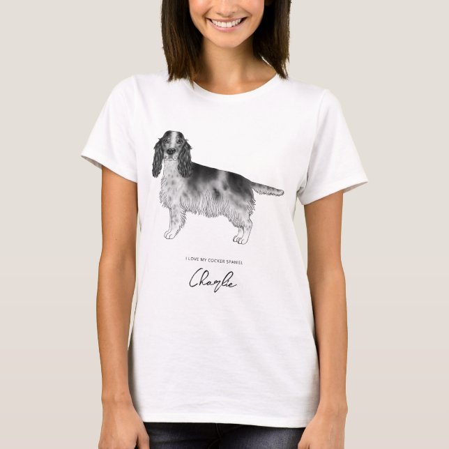Cocker Spaniel i svart och vitt med anpassad text T Shirt (Framsida)