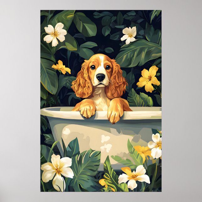 Cocker Spaniel In Bathtub Poster, Funny Dog Poster (Framsidan)