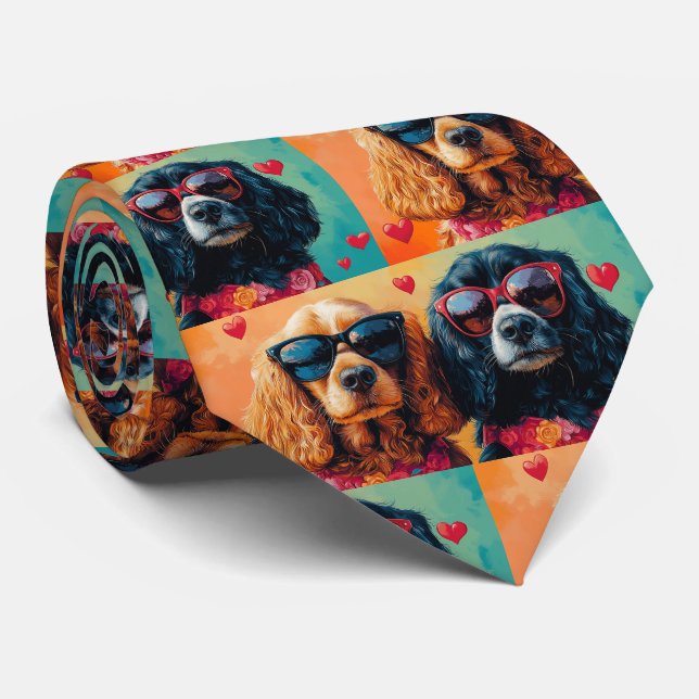 Cocker Spaniel Med Hjärtrosor Alla Hjärtans Dag  Slips (Rullad)