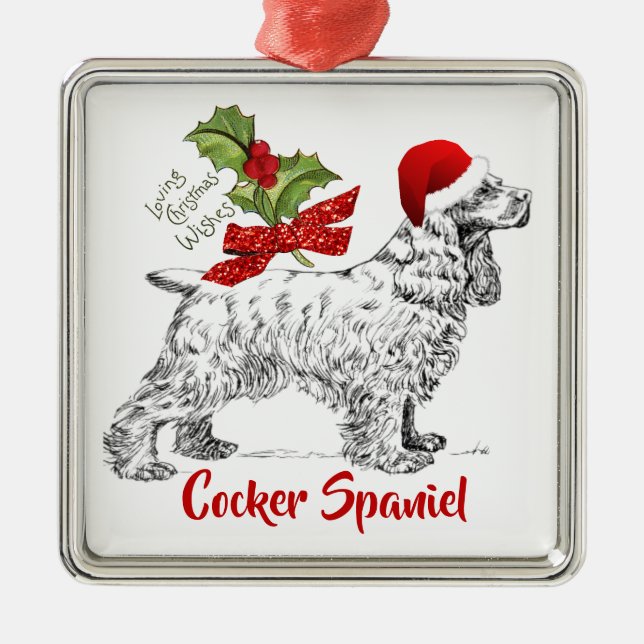 Cocker Spaniel med Santa mössa julgran Holly jul Julgransprydnad Metall (Framsidan)