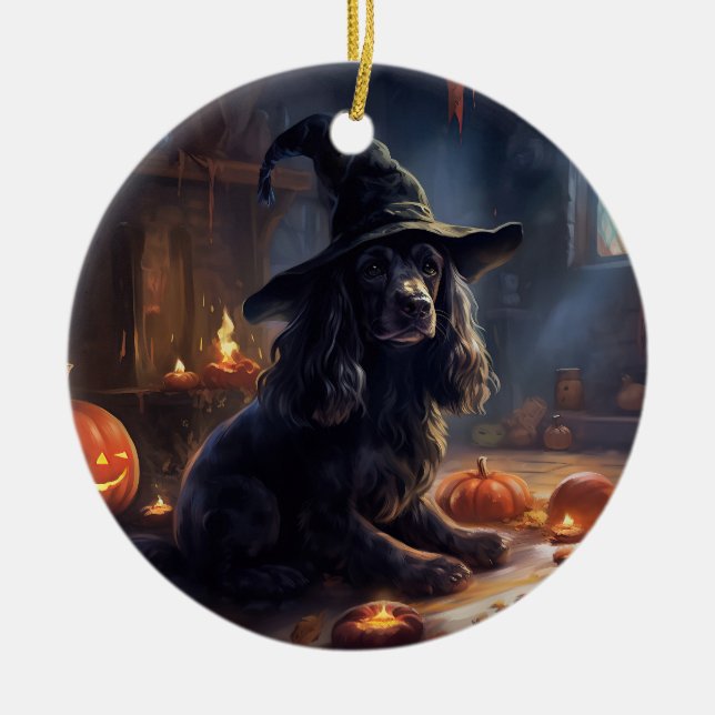 Cocker Spaniel Pumpa Halloween Skräck Julgransprydnad Keramik (Framsidan)