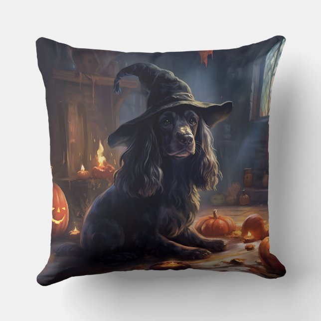 Cocker Spaniel Pumpa Halloween Skräckinjagande Kudde (Baksida)